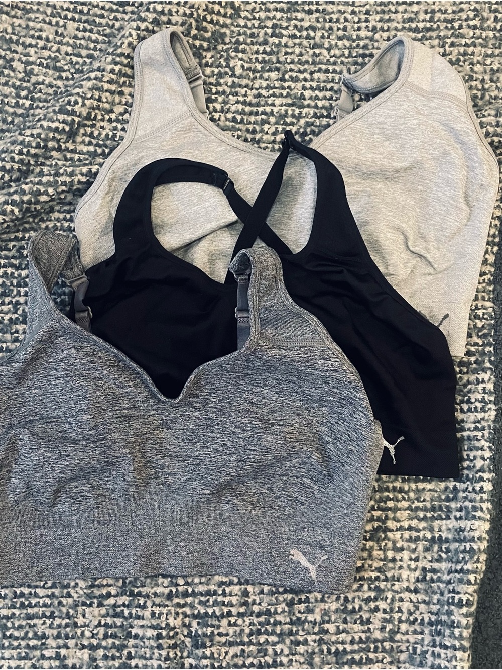 PUMA Bundle of THREE Women's Seamless Sports Bra - Black, Grey, and Heather Grey